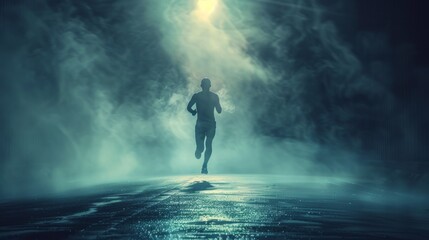 Fototapeta na wymiar Dramatic sports background featuring a runner in an isolated scene against a dark backdrop.