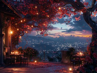 A beautiful balcony with a view of the city lights at night. The balcony is decorated with flowers and lanterns. There is a table set for two with candles and a bottle of wine.