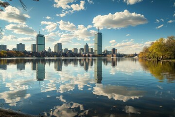 Naklejka premium Beauty of Boston skyline mirrored on tranquil water, Ai generated