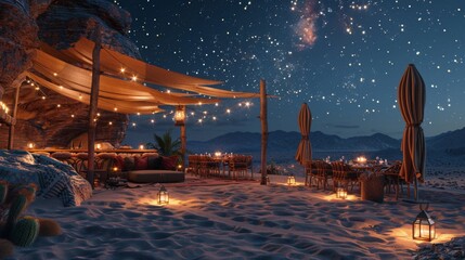 A beautiful desert oasis with a starry night sky and a luxurious dining area.