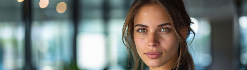 A woman with a pixie cut and green eyes stands in front of a window