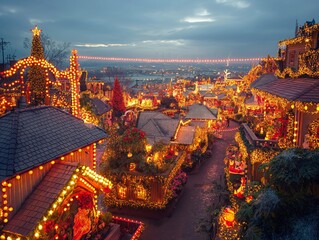 A street filled with houses decorated for Christmas. The houses are lit up with lights and the street is lined with Christmas trees