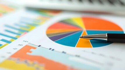 Data Analysis and Decision Making: Pen on Vibrant Pie Chart Among Business Reports
