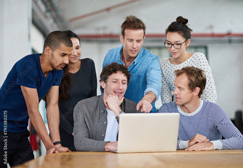 Poster Internship, employee and office with laptop for teamwork, collaboration and training with mentor. Support, help and learning with technology for career growth, progress and pointing as web designer