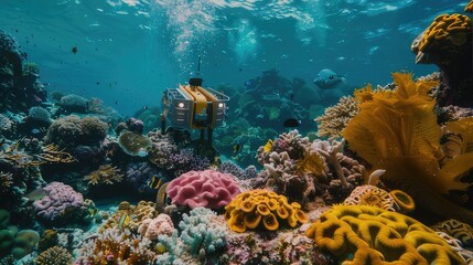 Fototapeta na wymiar Captivating Exploration Underwater ROV Explores Vibrant Coral Reefs During Daytime, Revealing Marine Diversity 