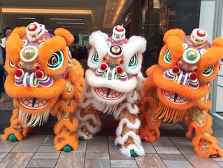 Three men dressed in orange and white lion costumes stand in a row. The costumes are elaborately decorated with feathers and beads, and the men are posing for a photo