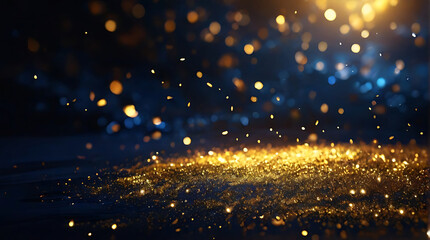 Obraz na płótnie Canvas abstract background with Dark blue and gold particle. Christmas Golden light bokeh on navy blue background. black bokeh background black texture dark Gold foil texture. Holiday concept. ai