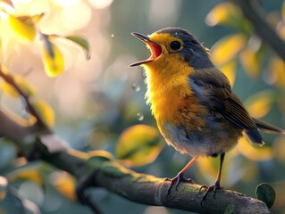 A beautiful little yellow bird is singing its heart out in the morning sun.