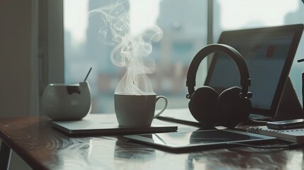 minimalist office desk with a tablet, headphones, and a steaming cup of coffee, promoting focus and concentration during work hours.
