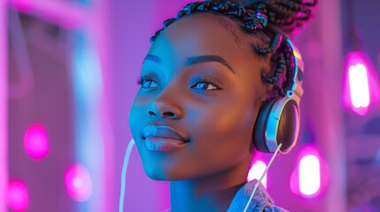 A stylish fashion African American teenager model wearing headphones, listening to DJ music, and...