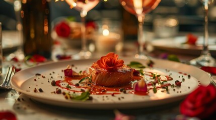 A beautiful plate of food with a flower garnish, surrounded by wine glasses and candles.