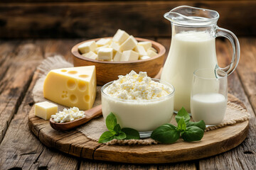 World Milk Day. Various dairy products are displayed on the table. Generative AI