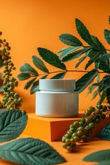 Flat mockup of a white jar with sea buckthorn around it, background pale orange, blank space for logo or advertisement
