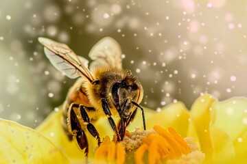 Close up of a bee carrying pollen back to its hive, illustrating the importance of bees in agriculture