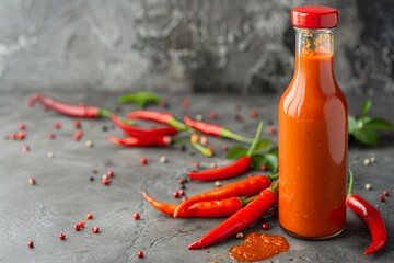 Photograph of a glass bottle of red hot chili pepper sauce with blank space for logo or advertisement.