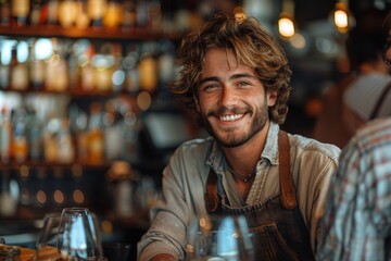 Young and friendly bartender serving drinks with a smile in a bar - Powered by Adobe