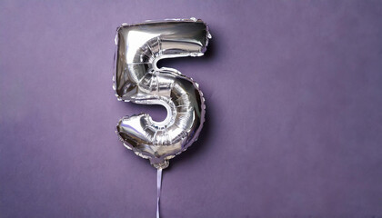 Banner with number 5 silver balloon. Five years anniversary celebration. Purple background.