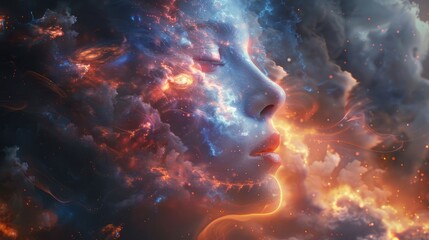 A beautiful woman's face made of stars and gas in space.