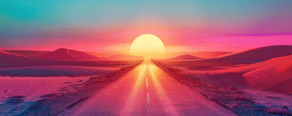 Raamstickers A surreal, colorful desert landscape with a straight road leading toward a stunning, large sun. © vadymstock