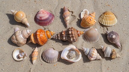 Fototapeta na wymiar seashell collection displayed on a sandy beach, showcasing the diverse shapes and colors found along the summer coast.