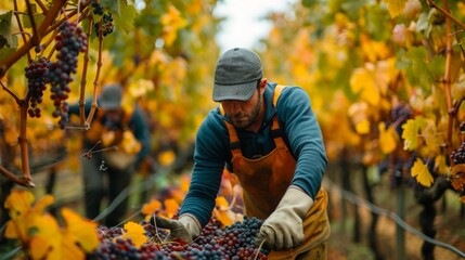 A focused winegrower carefully handpicking ripe grapes during the harvest season in a lush autumn vineyard. - obrazy, fototapety, plakaty