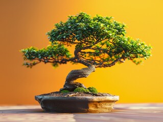A bonsai tree in a pot on a wooden table against a gradient orange background.