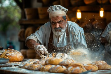 Elderly baker carefully cuts freshly baked bread, surrounded by artisanal loaves in a traditional bakery