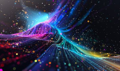 Obraz premium Abstract flowing fluid light particles colorful spectrum smooth curve on black background in concept technology, science.