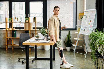 A handsome businessman with a prosthetic leg standing confidently in an office in front of a...