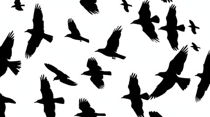 Naklejka premium Flock of Birds Flying: Black Silhouettes on White Background