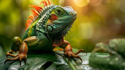 A bright green iguana with red and orange spikes on its back and tail is sitting on a green leaf in the jungle. The iguana is looking at the camera with its mouth closed. The background is blurred.