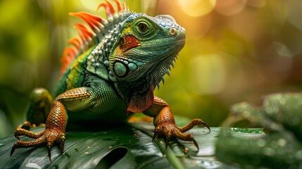 Fototapeta premium A bright green iguana with red and orange spikes on its back and tail is sitting on a green leaf in the jungle. The iguana is looking at the camera with its mouth closed. The background is blurred.