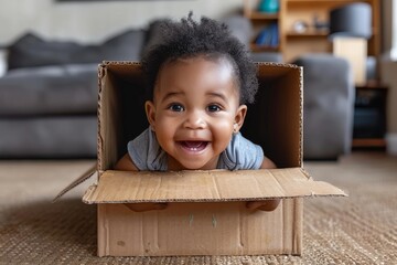 An adorable baby peeks out with excitement from inside a cardboard box, illustrating playfulness and innocence - obrazy, fototapety, plakaty