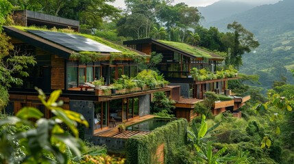 Fototapeta na wymiar Modern sustainable homes with green roofs blend seamlessly into a lush forest landscape, emphasizing eco-friendly living.