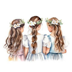 Flower girls in flower wreaths, back view portrait. Watercolor illustration - 795383582