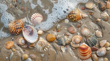 Seashells partially buried in the sand, creating a natural mosaic of textures and shapes along the summer shoreline.