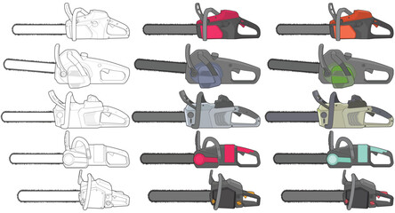 Bundling set of Chainsaw isolated illustration, vector art, Chainsaw vector, petrol chain saw, modern chainsaw, art concept, vector.