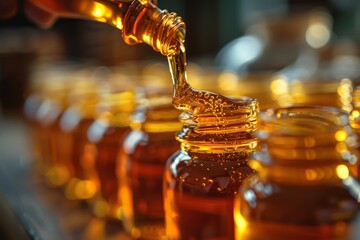 Honey pouring from a dipper to a jar with a warm, golden glow resembling amber liquid treasure, evoking richness - obrazy, fototapety, plakaty