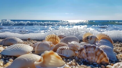 Seashells strewn across the shoreline, creating a picturesque scene against the backdrop of a clear blue sky in the summer.
