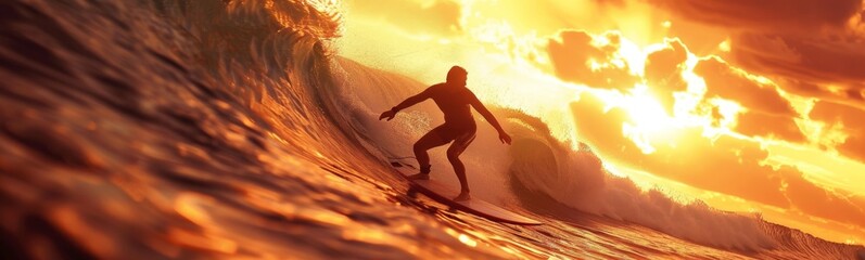 Obraz premium Surfer riding a wave at sunset on a sunny day. Sport background. Banner