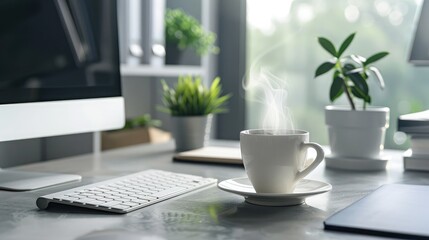 stylish office setup with a desktop computer, notepad, and a steaming cup of coffee, enhancing workflow and creativity.