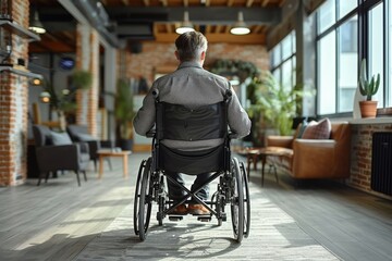 Obraz premium A professional man in a suit navigates an accessible modern office space in his sleek wheelchair