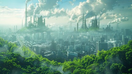 Obraz premium A city with a lot of greenery and industry in the distance