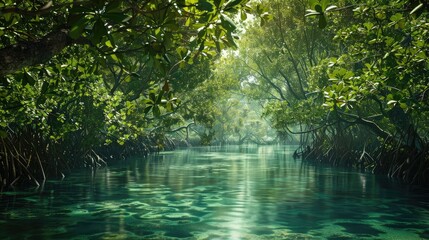 Fototapeta premium tranquil mangrove lagoon with abundant vegetation, serving as a vital nursery for marine species in coastal ecosystems.