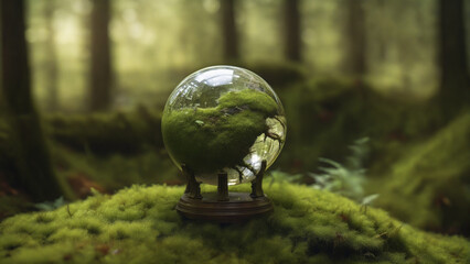 Transparent globe in the woods, an Earth day concept