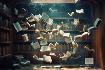 Floating books, levitating in mid-air or arranged in unexpected formations. 