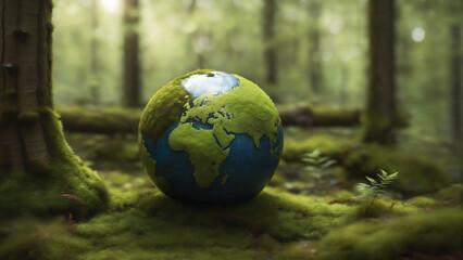 Globe in the forest, Earth day concept