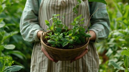 woman holding a basket of young plants, ready to be placed in the soil for cultivation and eventual blooming.