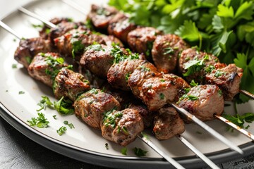 Lamb kebab skewers with recipe of lamp meat, cumin, cayenne pepper, paprika, chopped onion on white...