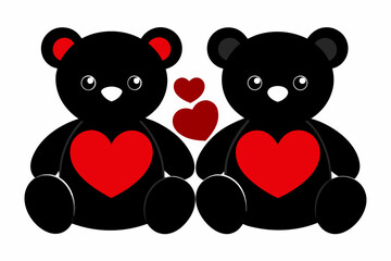 Two teddy with red heart black silhouette  on white background 
